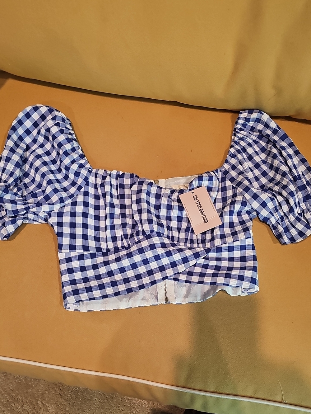 Tea n Cup Blue and White Gingham Crop Top with Puff Sleeves